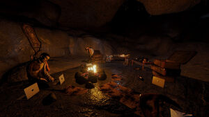 The Katana as found in the cave. The weapon is located on the left, at the knees of the business man.