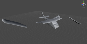 The 3D model of the broken plane opened in the Unity editor. Note that it has no texture; the reason it was invisible in-game.
