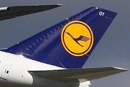 The tail of a real Lufthansa aircraft.