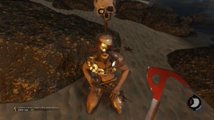 Leader cannibal kneeling before the Player when Red Paint is worn.