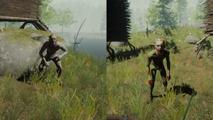A masked cannibal before and after being shot with poison arrows. His skin turned to green.