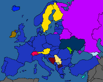 This is a map of Europe, Light Purple is CSTO, Yellow is EU, and Blue is NATO, it includes all disputed territories (That I'm thinking of in Europe) give me credit if you use the map! Thanks!