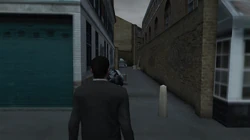 View of the alleyway on Worship Street leading to the back of the Yardie Drug Factory.