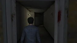 The hallway on the ground floor of the Yardie Drug Factory connecting the back entrance to the front entrance.