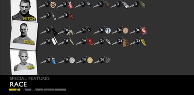 The Special Features screen in the NTSC version of The Getaway: Black Monday. A list of all the key rings the player has collected can be tracked here.