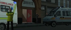 Front entrance to Shoreditch Boys guarded by police following the massacre.