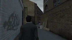 The Yardie Drug Factory seen at the end of the alleyway.