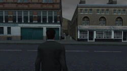 The alley on Worship Street leading to the back of the Yardie Drug Factory.