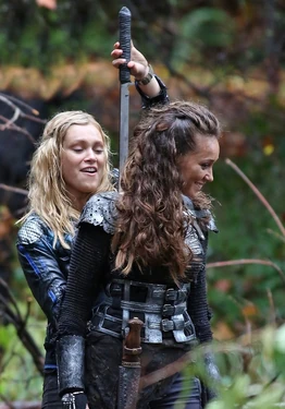 Eliza and Alycia on the set of "The 100"