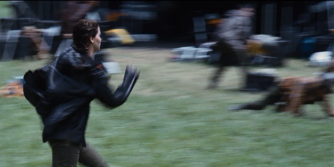 Katniss runs as the District 10 male is standing tall and the District 7 male is crawling for his life.