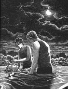 Katniss and Peeta watch the female morphling die.