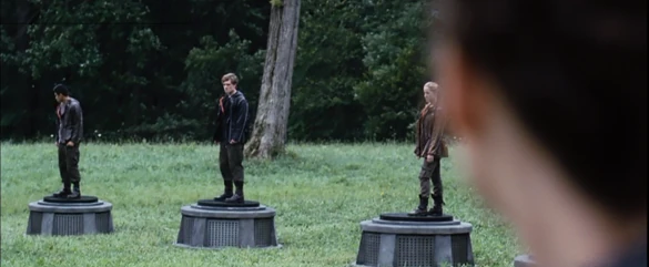 Katniss looks at Peeta, who is standing on the podium stationed between the District 10 male and District 7 female.