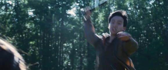 When he is about to chop Katniss, Clove throws a knife and kills him.