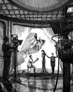 Katniss and Peeta onstage with Caesar Flickerman for a televised marriage proposal.