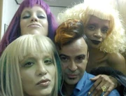 Behind the scenes picture of Katniss's prep team with Portia.