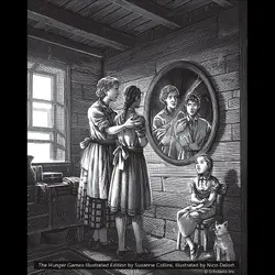 The Everdeens in front of the cracked mirror in The Hunger Games: Illustrated Edition.