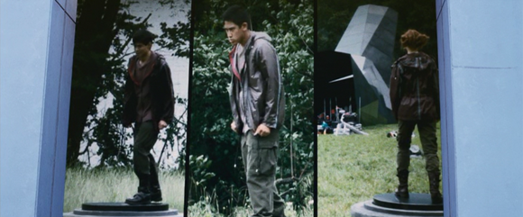 (from left to right) District 5 male, District 10 male, and Foxface appear on-screen.