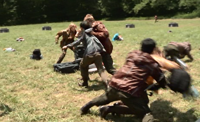 District 5 male and District 3 female fall, Cato fights the District 4 female, Glimmer pulls the District 6 female by the hair as District 10 male crawls away, and Foxface runs in the background.