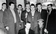 Pat Connolly with The Firm, at The Regal billiard hall, Eric Street, Mile End. Billy Donovan can be seen (far left) and Reggie and Charlie Kray (third and fourth from left) c. late 1950s.