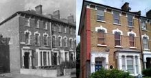 97 Evering Road, the basement flat is where the murder took place. Pictured in the 1960s, and now.