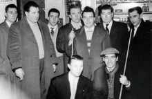 (From left) Billy Donovan, , , , Johnny Davis, Tommy Flat, far right unknown, bottom two unknown at Regal Billiards Hall in Bethnal Green, London