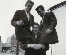 Chunky Morgan lifting up two Kray associates in Bethnal Green, east London