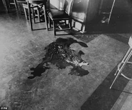 The crime scene after Cornell was shot, showing the blood stains on the floor where he had been seated.