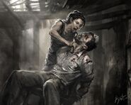 Early concept art of Tess as the main antagonist, holding a knife to Joel's throat.