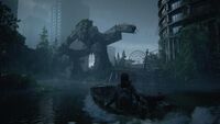 Ellie riding a boat through a flooded city.