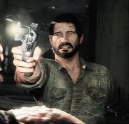 Joel shooting at an infected with his revolver.