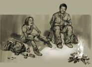 Drawing of ellie and joel near fire laughing