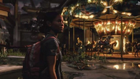 Riley in front of a carousel in the Left Behind trailer.