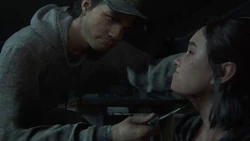 Jordan menaçant Ellie avec son couteau