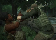 Henry and a hunter wrestling with pistols, the former with a unique model added in the remake.