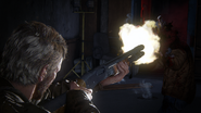 Joel blowing off a cannibal's head with an upgraded shotgun.