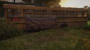 An abandoned evacuation bus originally destined for Boston.