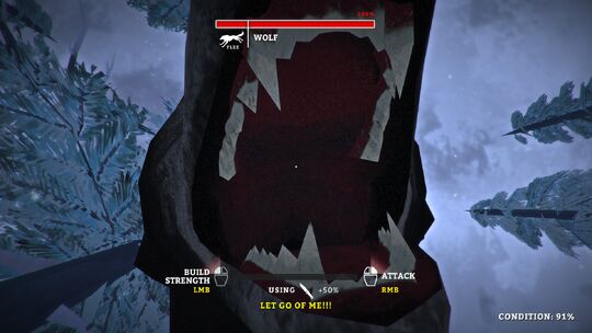 The player being attacked by a wolf.