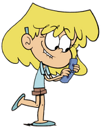 Lori wearing a blue short sleeve shirt with her regular shorts and shoes