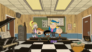 S5E12B Lincoln, Clyde, Liam, Paula, and Byron warming up in the music room