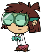 Lisa wearing a lab coat, goggles and blue gloves