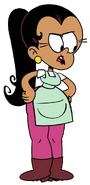 Carlota wearing a apron and pink leggings