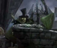 Mr. Hyde decorating the fountain with tinsel