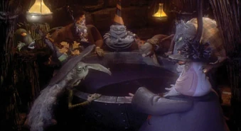 Corpse Kid and other citizens along with the Mayor watching Jack delivering presents