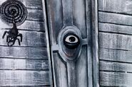 Some of the details on the front door prop cyclops eye doorknob and spider doorbell