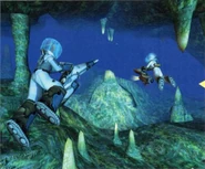 Scan from Saturn Fan, issue no. 21, 1998, featuring Torel and Chris navigating through Tartarus Deep. Note the flashlight from the diver propulsion vehicle component of Torel's Shock Gun