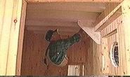 A carpenter works inside Theodore's cabin.