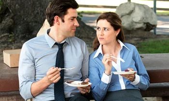 Jim and Pam in the episode "Work Bus"