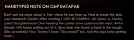 Handtyped note on C&P datapad log