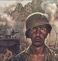 Down From Bloody Nose Ridge, by Tom Lea, depicting a combat fatigued Marine of the 1st MarDiv on Peleliu. In the background is the Umurbrogal complex. Lea wrote of this subject: "As we passed sick bay, still in the shell hole, it was crowded with wounded, and somehow hushed in the evening light. I noticed a tattered Marine standing quietly by a corpsman, staring stiffly at nothing. His mind had crumbled in battle, his jaw hung, and his eyes were like two black empty holes in his head. Down by the beach again, we walked silently as we passed the long line of dead Marines under the tarpaulins." U. S. Army Art Collection