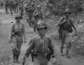 Lt Col Lewis B. Puller marches at the head of 1st Battalion, 7th Marines, during the campaign for Guadalcanal, 1942. Puller earned the third of his six Navy Crosses while commanding 1/7 on the 'canal, and he was wounded in action there. Still image from USMC motion picture film